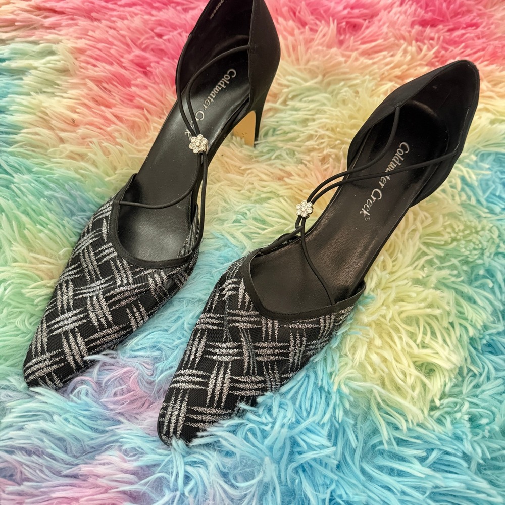 Coldwater Creek Heels Womens 8.5M Black Silver Woven Mesh Pointed Toe